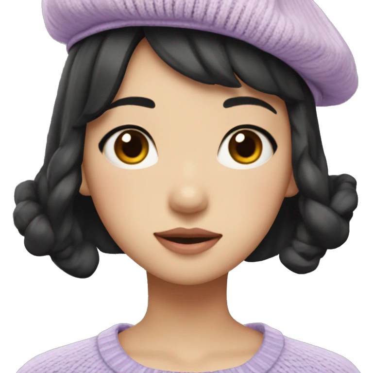 korean girl short black hair sharp jawline, attractive wearing a lilac sweater and beret and bow emoji