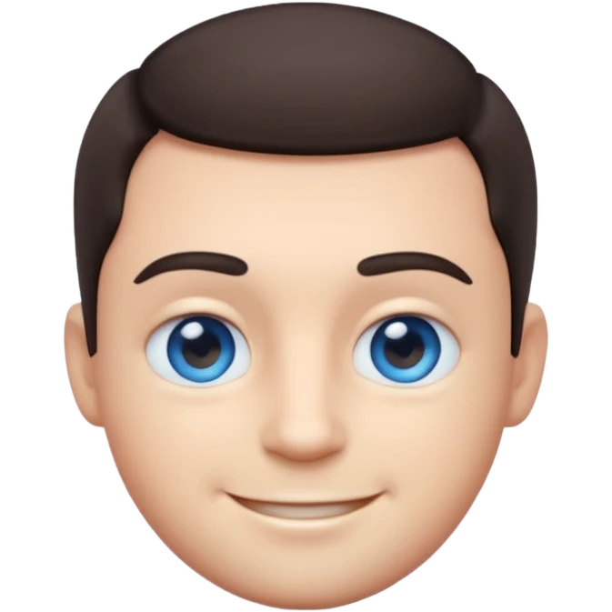 Cute 3D emoji of a smiling man with short dark hair and blue eyes, round face, simplified features, oversized glossy eyes, soft gradient shading, pastel tones, clean vector style, smooth edges, minimal background, transparent PNG, sticker icon emoji
