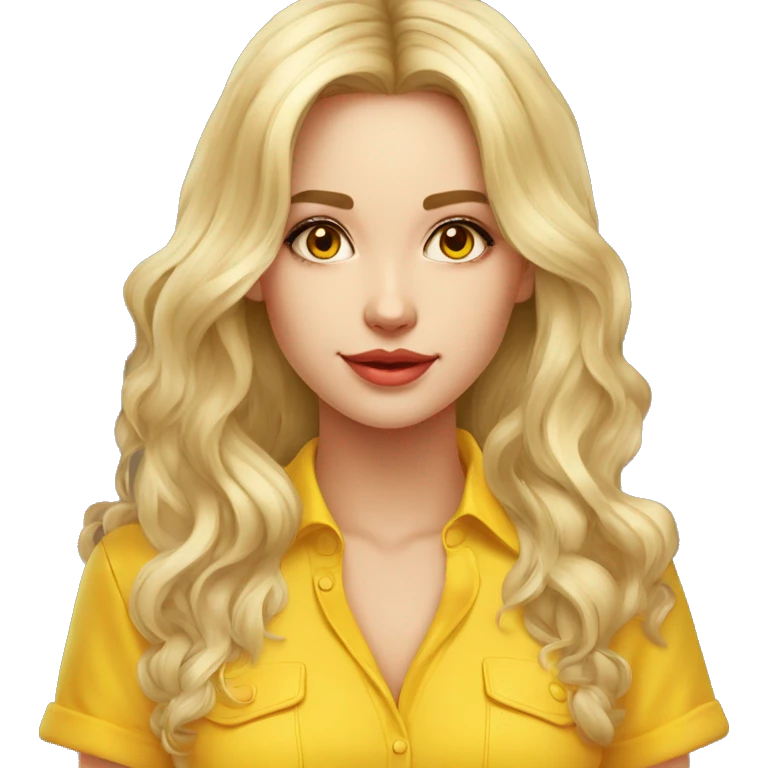 una chica medio rubia cabello  largo piel clara ojos cafe camisa color amarillo emoji