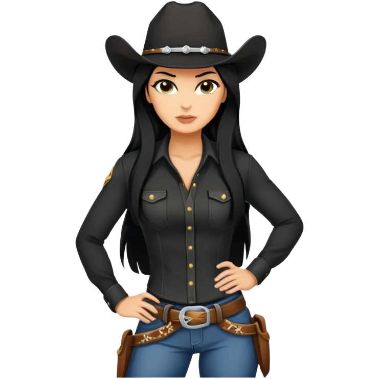 confident hot tanned woman with long black hair cowgirl style wearing black outfit with strong pose emoji