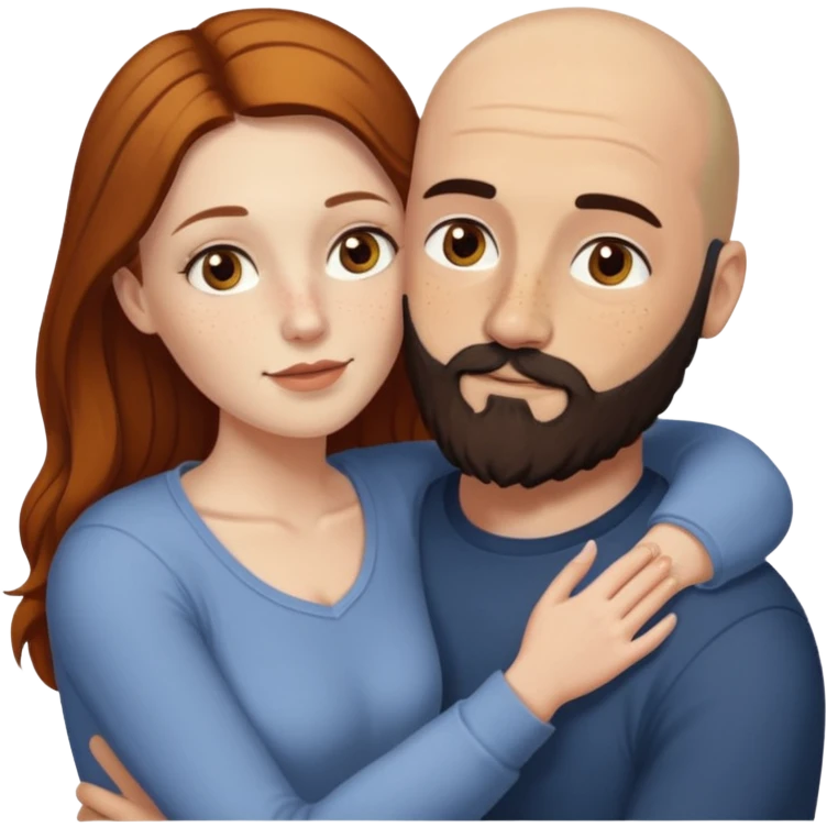 Couple. Bald man with dark brown-black beard. White woman with many small, faded freckles, she has white skin and she has auburn-yellow-brown-cinnamon, dark long hair. She has light brown eyes. The man have hazel eyes. Retro style. They hug. emoji