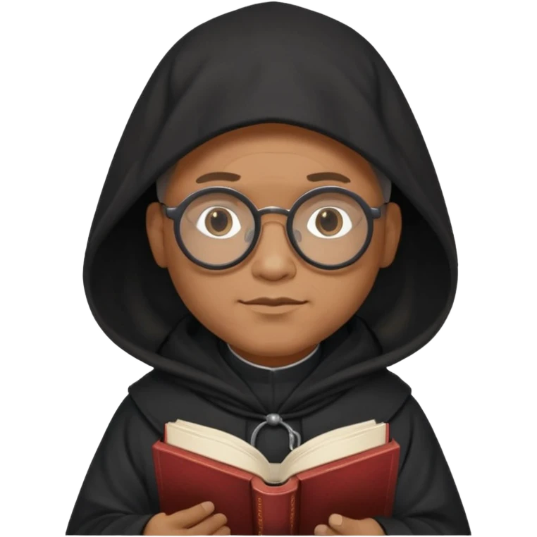 Monk priest prayer black habit with hood round black glasses done light brown wavy hair under hood remove the medallion smaller more round glassed age 46 no necklace more oval face hand holding book that says RB 480 emoji