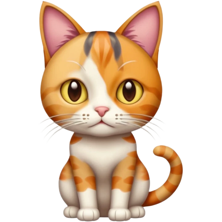full body colourful calico tabby cat with disproportioned head with an anxious face emoji