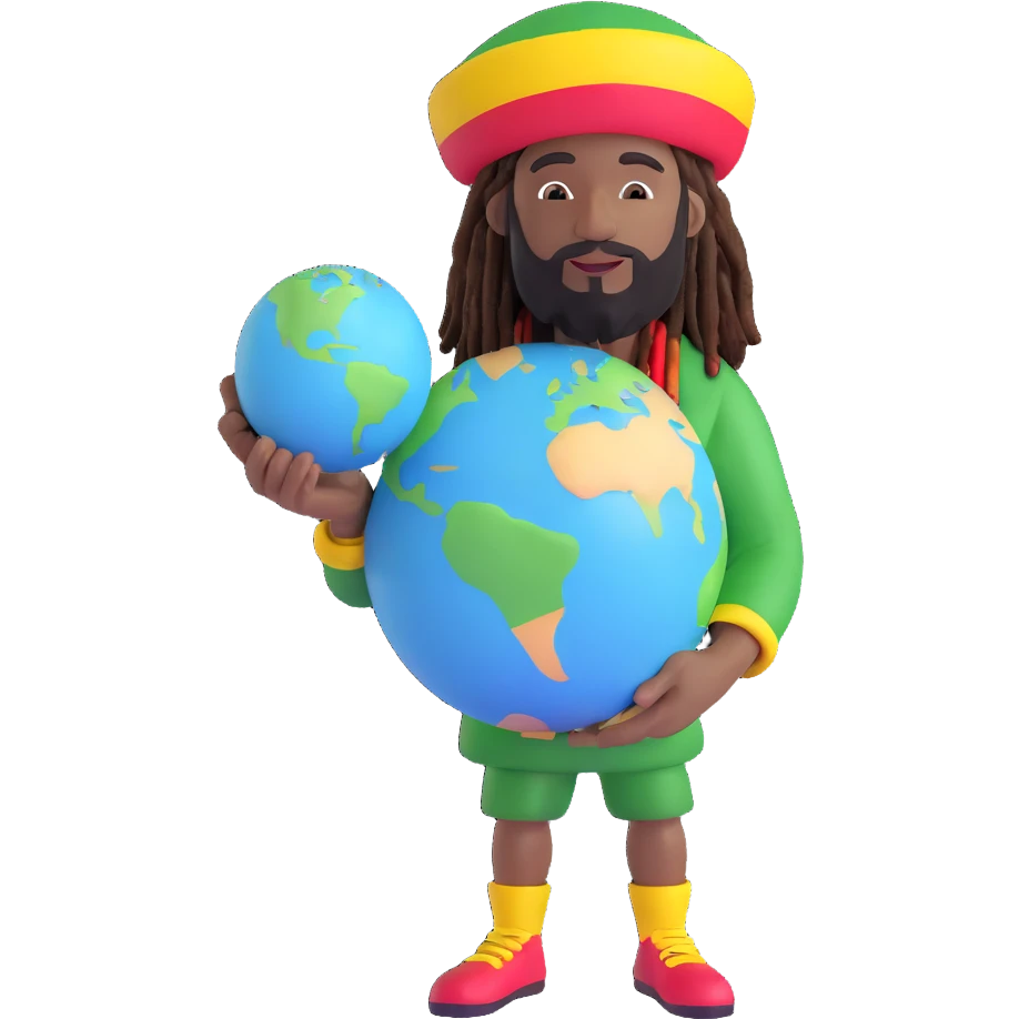 A rasta man bigging up di whole world 🌍🔥🤲🏾, reggae vibes 🎶, love and unity ✨💛💚❤️, every nation stand strong 🇯🇲 holding a the world in his hand emoji