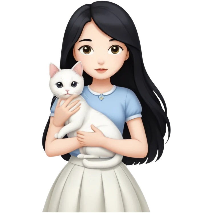 A beautiful girl with long black hair wearing a white skirt holds a cute white cat in her arms emoji