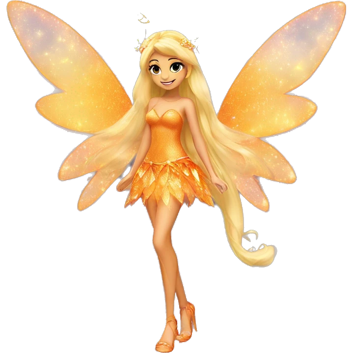 Stella adult latina fairy of nature in her enchantix fairy orange two piece clothing and fairy enchantix wings and long blonde hair from winx club. Small eyes, Lots of sparkles and fairydust. Full body and full fairy bliss emoji