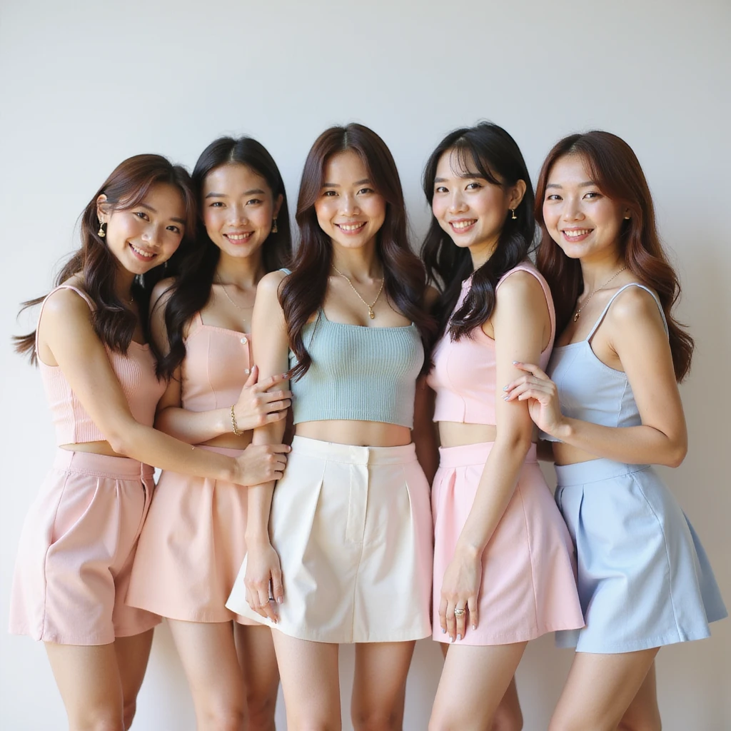 Blackpink, K-pop group, group pose, photorealistic, pastel outfits, soft lighting, cheerful mood emoji