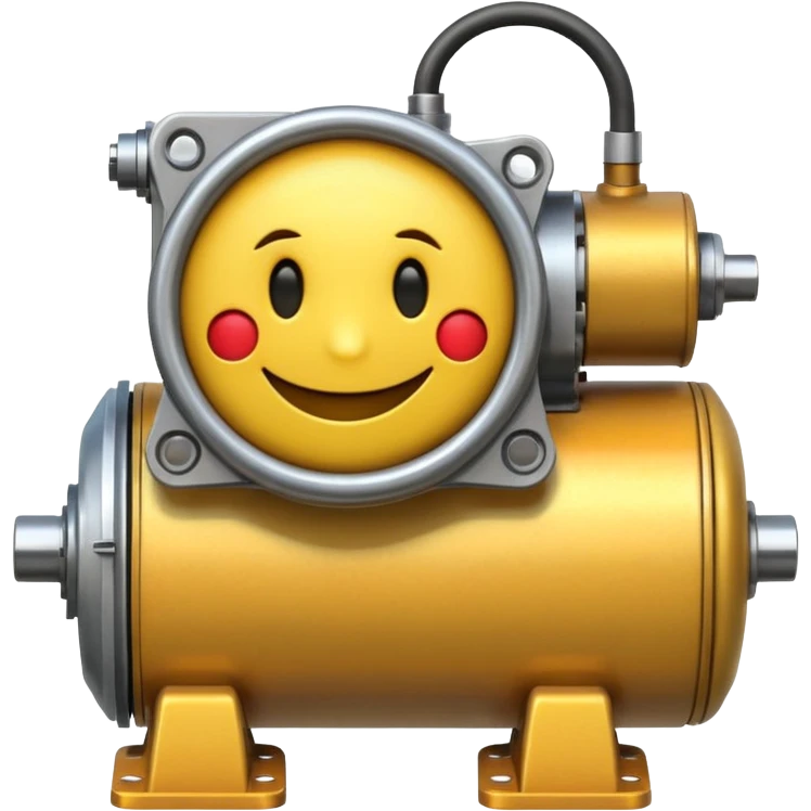 Industrial mechanical motor with a smiley face, emoji for the new electric music genre Motor breaks must be friendly and sellable must be small but clear child friendly, ready to use as a logo, motor synth make sure it's not Cold emoji