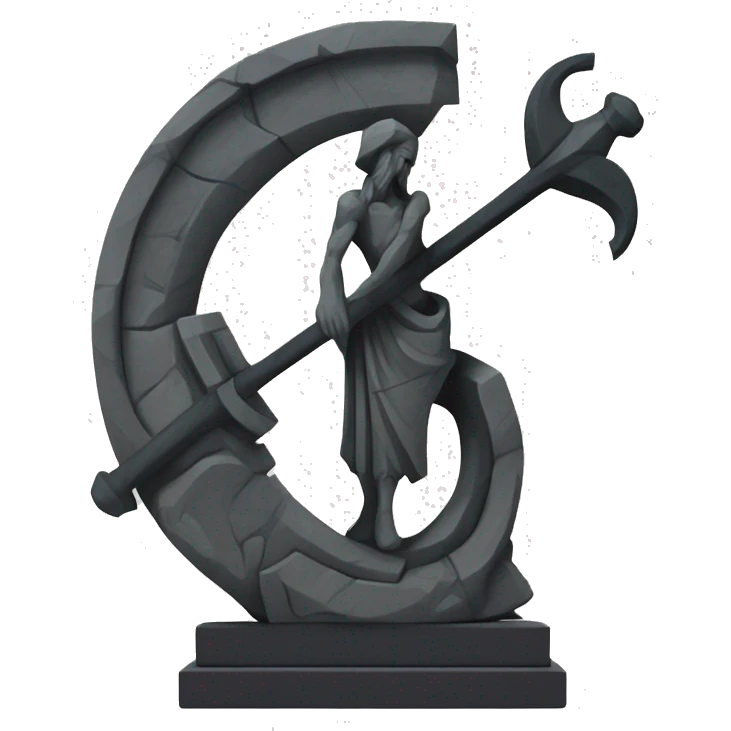 Stone sculpture scythe with a geometric, faceted design. The scythe is standing upright on a base with angular and baroque features. The vibrant midtone subtlety of dark neutrals highlights the sharp edges and planes.  emoji