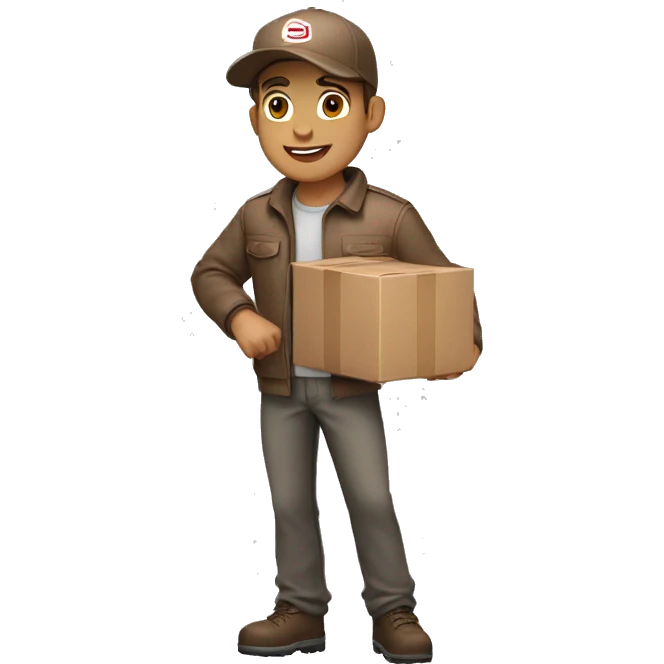 Delivery boy, full body, light skin tone, wearing brown cap and brown jacket, UPS delivery company uniform loading a package without background emoji