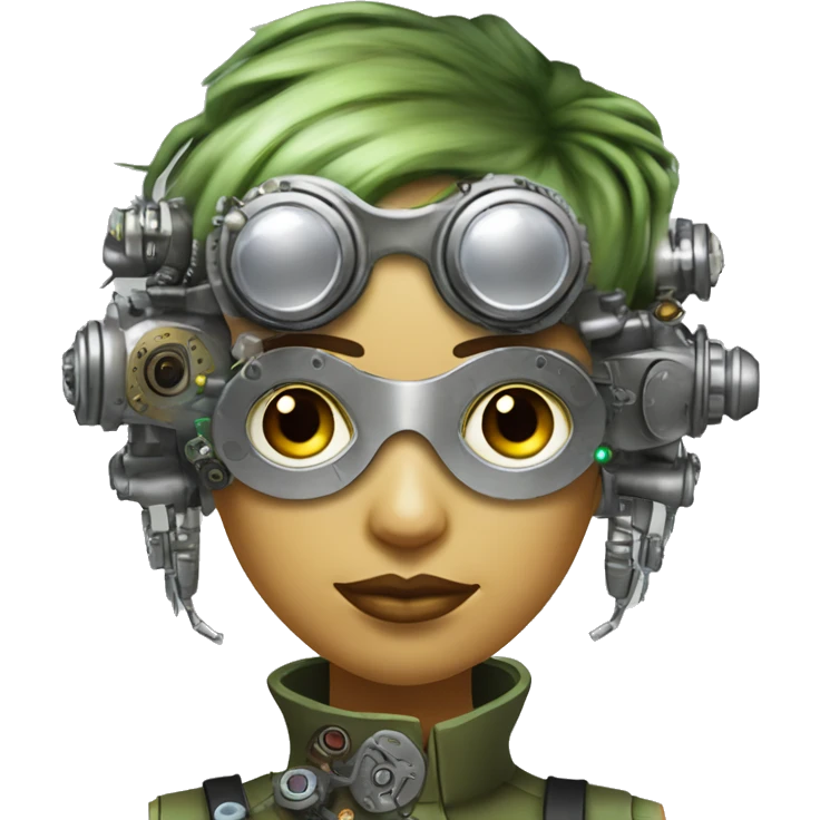 Olive green hair female cyborg head with silver steampunk goggles, goatee and circuits emoji