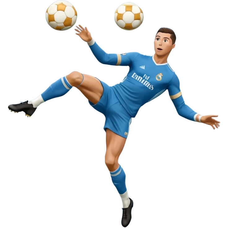 Ronaldo doing a bicycle kick with football in mid air While wearing a Retro blue Real madrid kit and yes i want it to be exactly the same as he Scored it in 2018 vs Juventus  emoji
