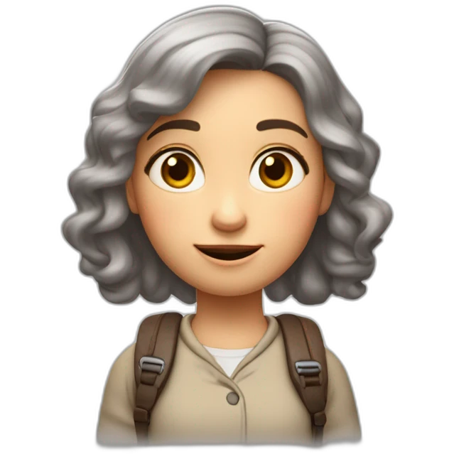 Estilo pixar, niña de ocho años de edad, de pelo rubio liso con las puntas rizadas, ojos marrones, con una mochila del colegio emoji