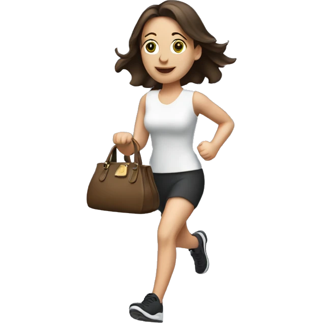 brunette caucasian woman dressed nice running with a purse emoji