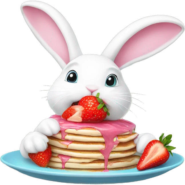 white bunny wearing pink pastel hat eating strawberry pancake emoji