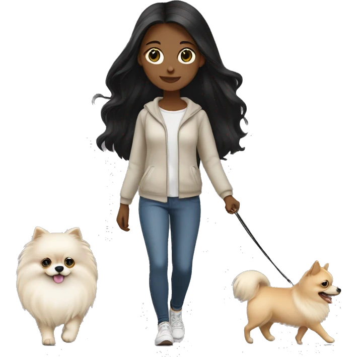 pale girl with long black hair walking with pomeranian emoji