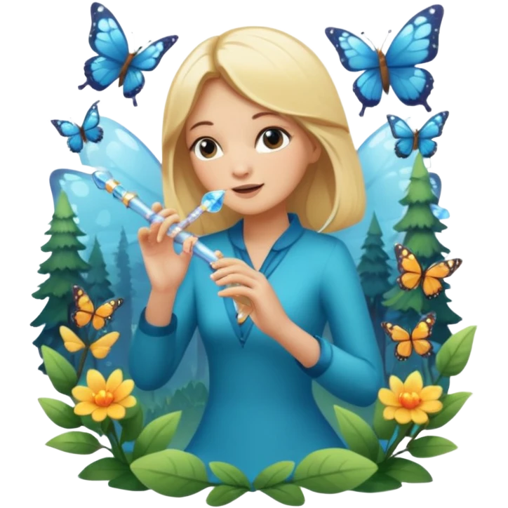 woodland sticker character, blonde woman playing crystal flute, butterflies around emoji