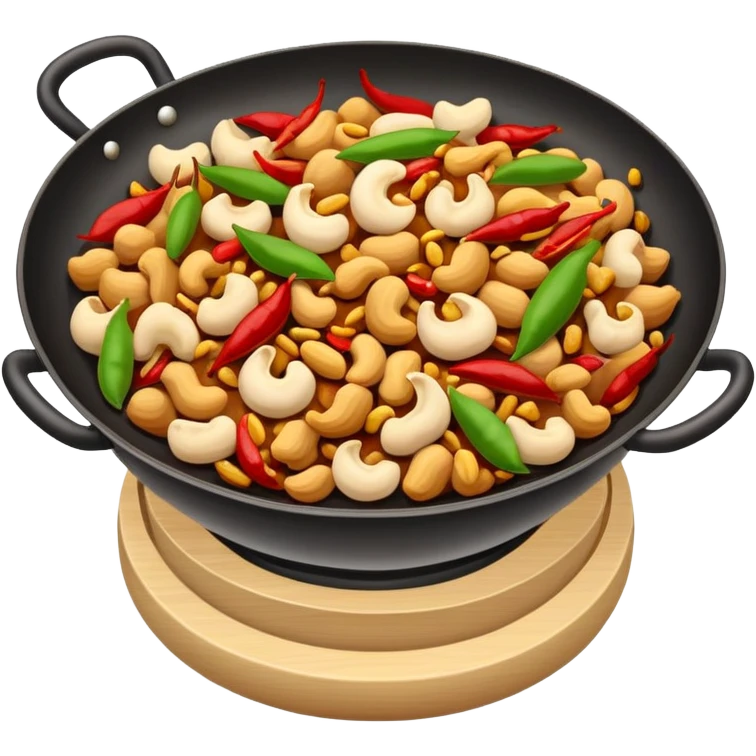 Kung Pao Chicken with peanuts and dried chilies in wok, simplified emoji style with bold outlines and bright colors, cartoon style Gongbao Jiding classic stir-fry emoji