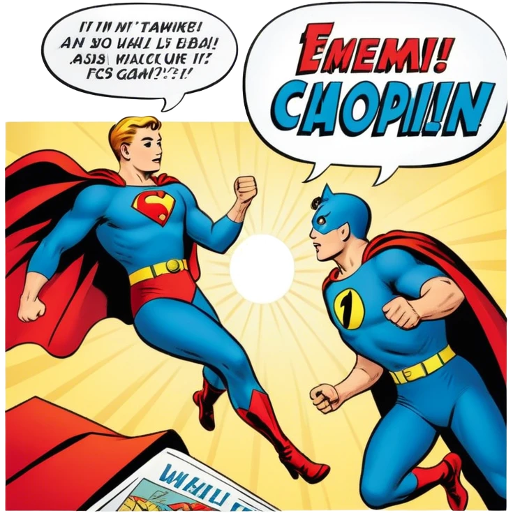 Icon for Vintage American Comics: an open comic magazine with classic 1940s-1950s American comic art, featuring superheroes in bold, bright colors, with action panels and exaggerated speech bubbles. The icon should represent the nostalgic style of vintage comics. Transparent background. emoji