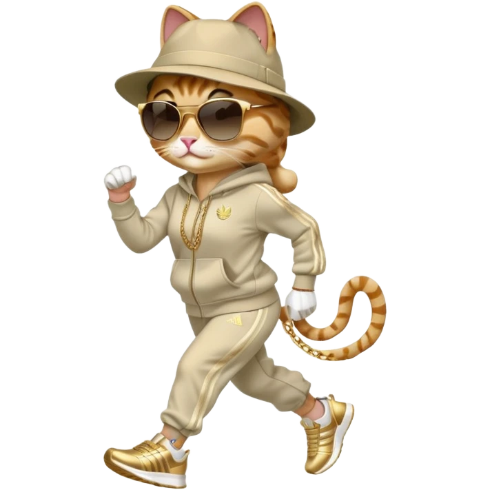 female cat with strong Run DMC hip-hop vibes, bold tracksuit, Adidas sneakers, gold chains, fedora hat, dark sunglasses, jogging upright emoji