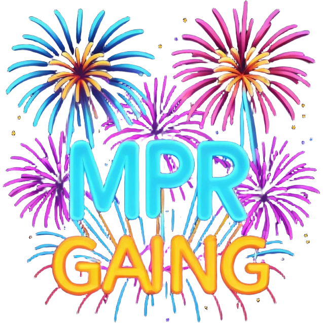 Create a bold, over-the-top emoji-style design featuring the text “MPR Gang” in large, glowing letters surrounded by explosive fireworks, neon colors, and dynamic energy effects. The style should feel celebratory, chaotic, and powerful, like a wild party or epic team victory. emoji
