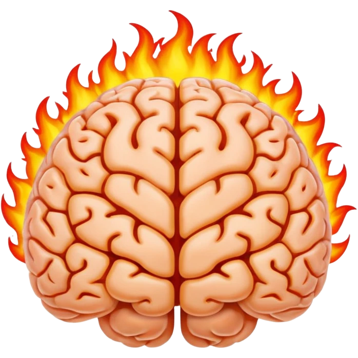 high-quality minimal emoji human brain with vivid bright flames surrounding it, symbolizing intense exploration and creativity, small clear and suitable for emoji use emoji