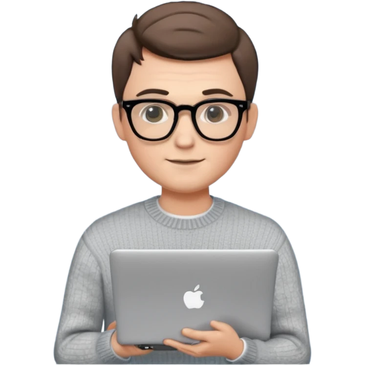 male memoji, attractive man with glasses, stylish haircut, elegant sweater, holding a laptop, charming intelligent look emoji