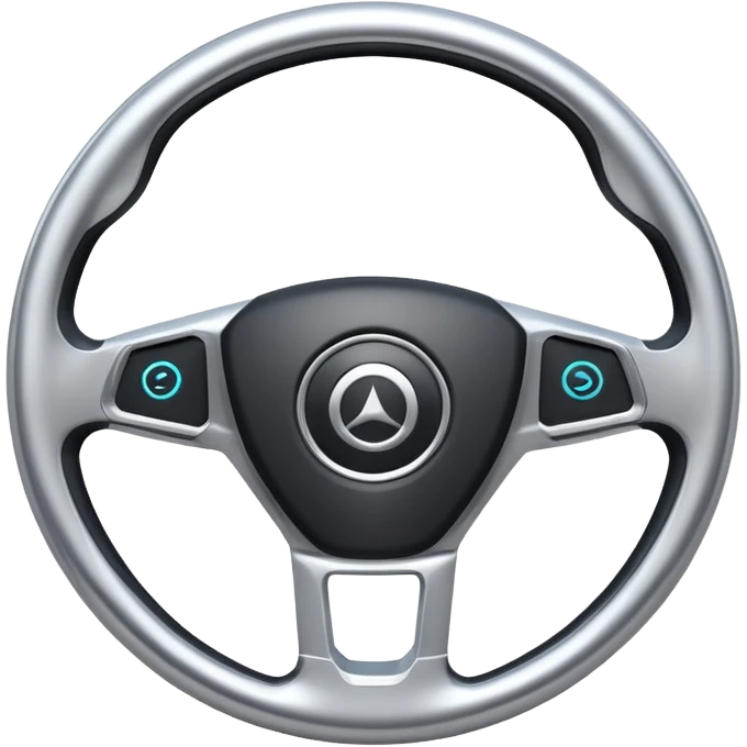 A futuristic steering wheel emoji made of silver chrome, minimal geometric design, smooth metallic surface, soft reflections, iOS emoji style, centered, clean white background emoji