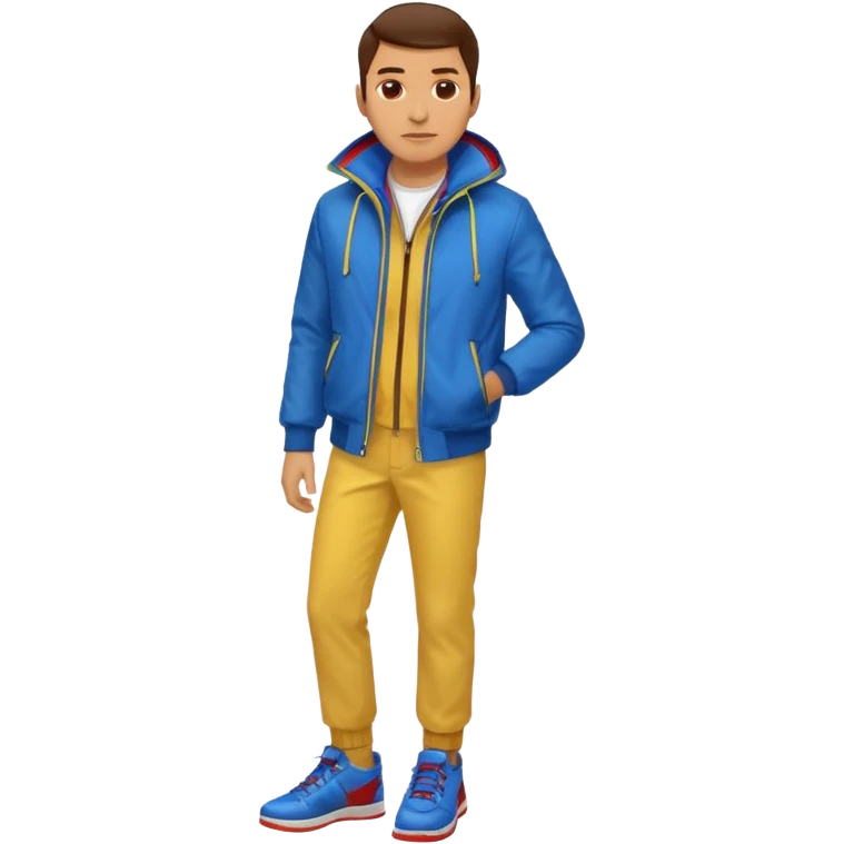 un hombre con: una chaqueta amarilla, pantalones rojos y zapatos azules. emoji