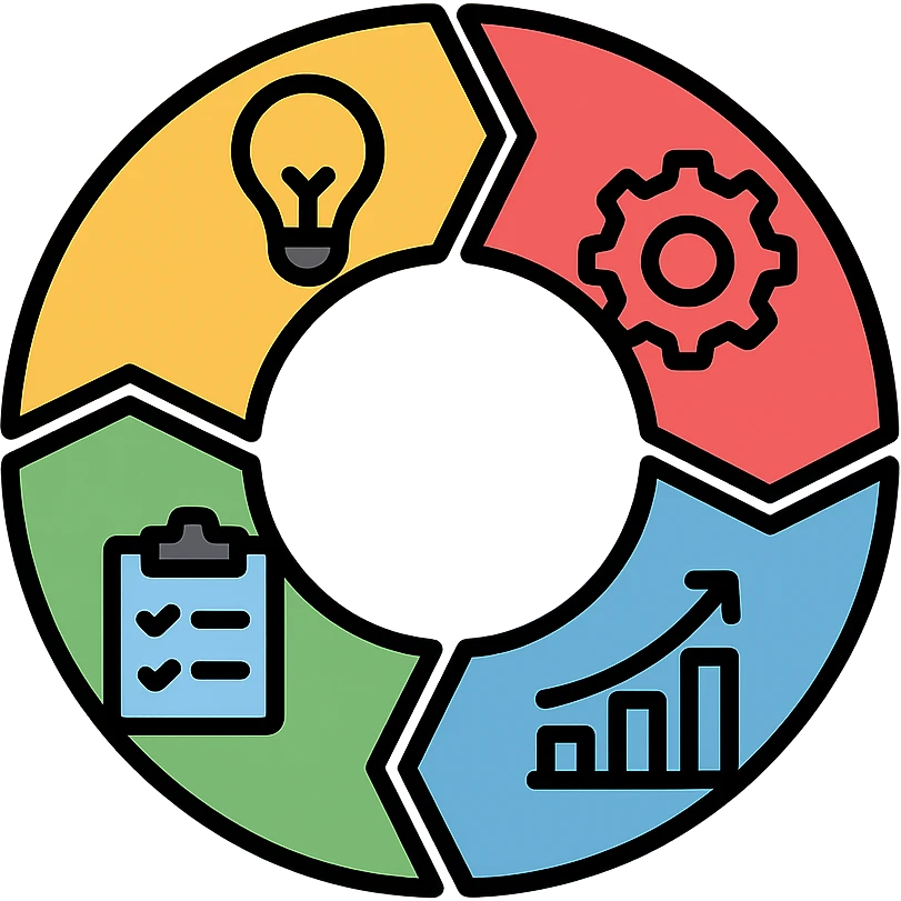 modern circular cycle diagram with pie chart segments, each segment representing a phase with icon, isolated on white background emoji