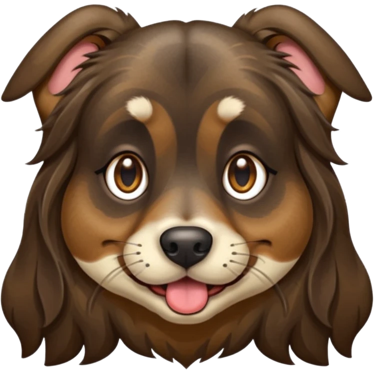 dog face with long black+brown brindle coat and bridge of nose. ears stand up w/ tips folded down. make eyes light brown-ish gold. widen tongue and add dark splotch. keep mane long.  emoji