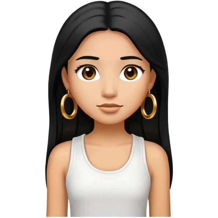 Create an ios iphone emoji of a girl with black long straight layered hair with dark brown eyes, caramel coloured skin colour and wearing a white tank top and wearing small gold hoop earings emoji