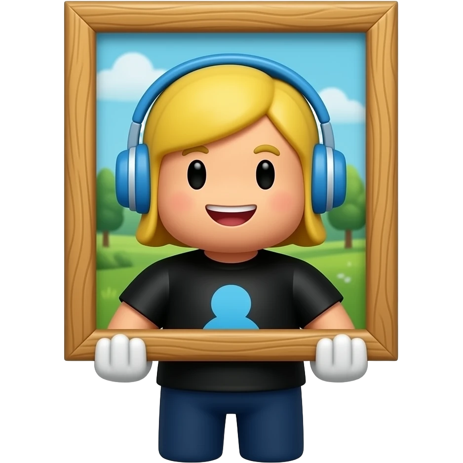 Funny RobloxPocoyo avatar emoji, character with a wooden picture frame around the head, face inside a painting frame, blond hair with blue headphones, black shirt with blue design, dark pants, white hands, quirky and creative style, 3D cartoon emoji, cute gaming style, bright lighting emoji