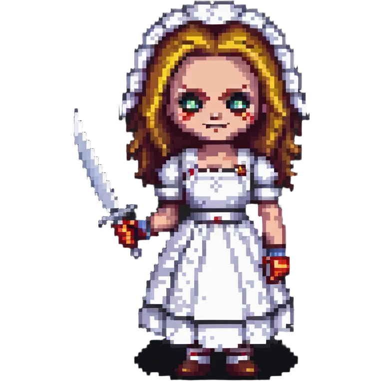 Chucky's bride with a mischievous expression holding a knife in pixel art style emoji