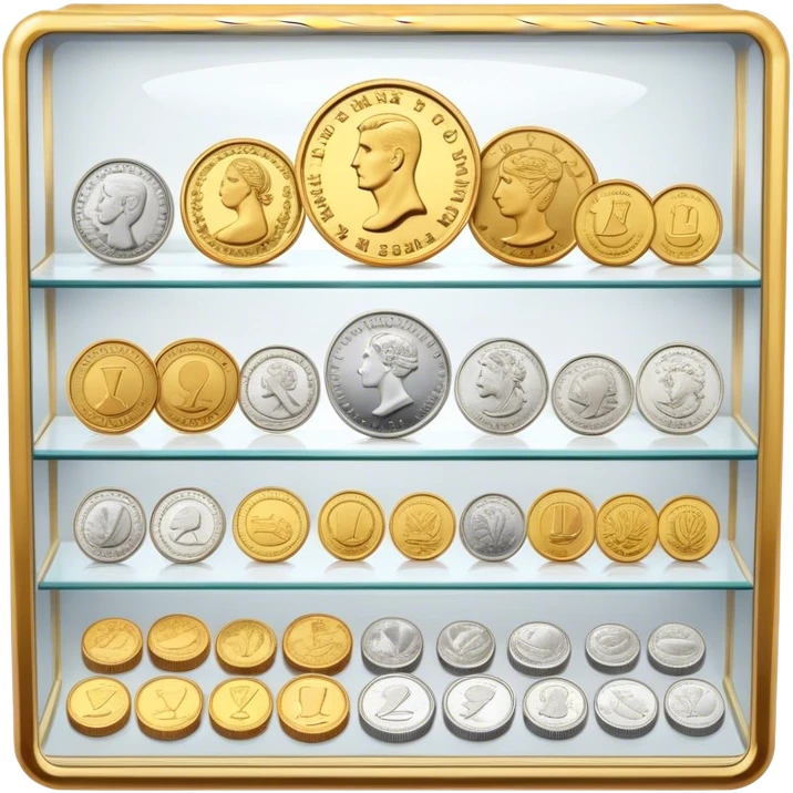 Icon for Coin Collecting: a collection of various vintage and modern coins, neatly arranged in a display case or on a table. The icon should highlight the diversity and historical value of coin collecting. Transparent background. emoji