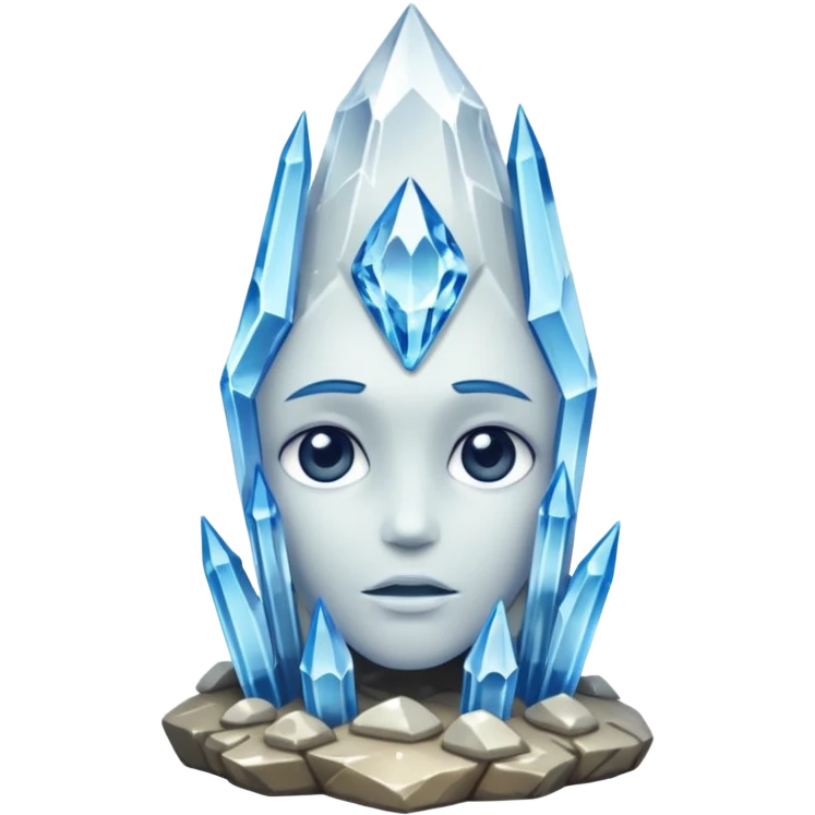 A single crystal rock character inspired by a clear quartz cluster, amorph base with many tall transparent crystal spikes growing upward all around it with a face emoji