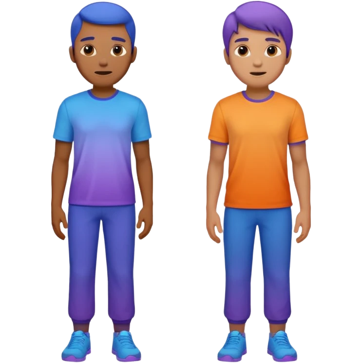 Keep the two male characters realistic, no simplification. Recolor their clothes into the gradient palette (blue, violet, orange), matching the style of the travel emoji pack. White or transparent background. emoji