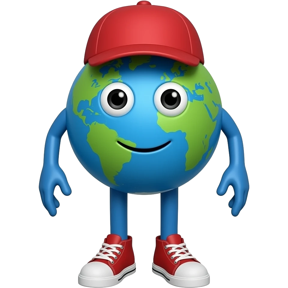 Earth with a face and wears a red cap and blue hands and blue legs and wearing a red shoes and rolling eyes and diagonal line hands and tall shoes emoji
