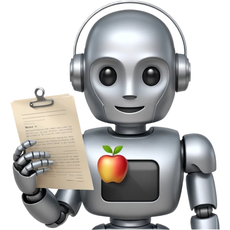 smiling robot holding a document with text, apple emoji style emoji