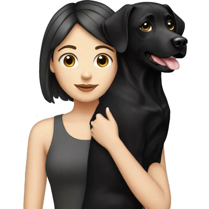white girl with black hair holding black lab emoji