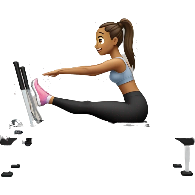 "Girl on a Pilates reformer machine, mid-exercise, wearing leggings and a top, in a bright studio."






 emoji