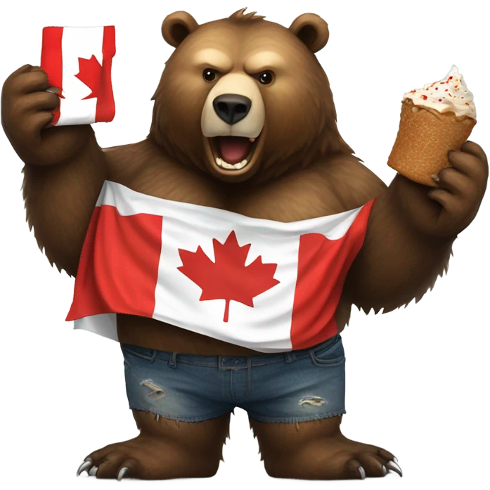 Massive fierce grizzly bear with Canada flag shirt eating eagle emoji