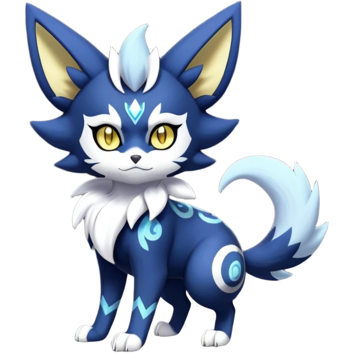 Shiny mExotic Badass Colorfulj Ethereal Royal Mysterious Gothic Meowstic-Zorua-Litten-Noibat-Pokémon-Fakémon-hybrid-creature (full body) with pattern-markings with golden eyes emoji