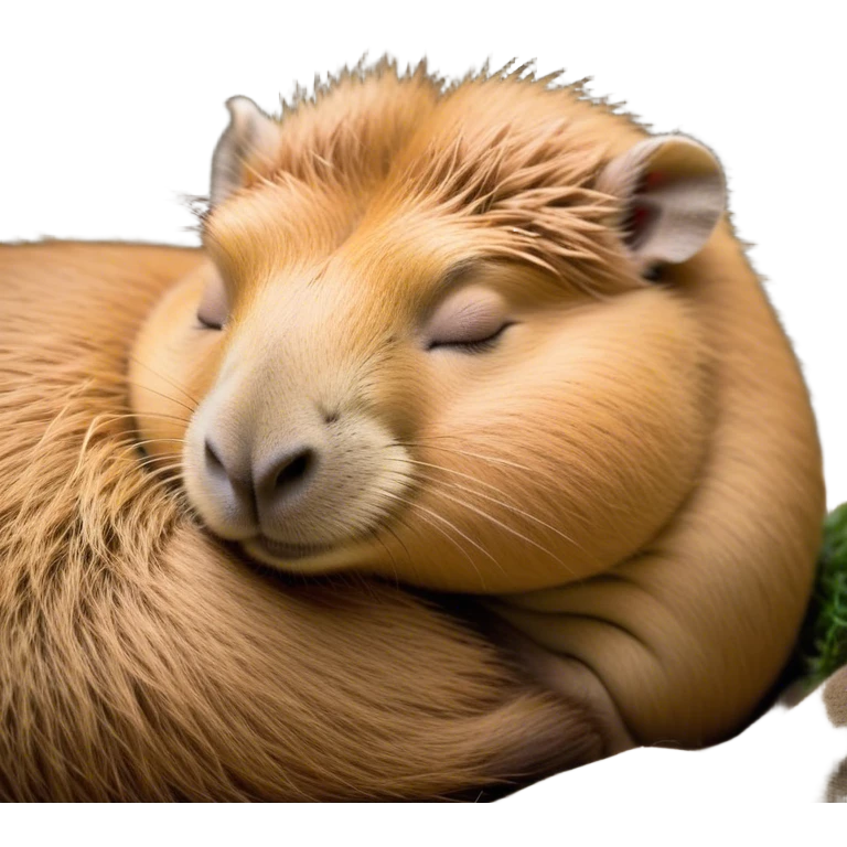 Meme-Worthy Cute Sleeping Capybara Portrait Emoji, Head resting peacefully with a contented smile, showcasing luxuriously soft, fluffy fur and a characteristic capybara head with a broad snout and small, gentle ears, with eyes gently closed in serene slumber, Simplified yet hilariously adorable features, highly detailed, glowing with a soft, drowsy natural light, high shine, relaxed and utterly lovable, stylized with an air of playful laziness, bright and heartwarming, soft glowing outline, capturing the essence of a sleeping capybara that feels destined to become the next viral sensation of adorable rest! emoji