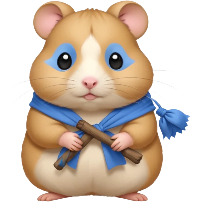 Cute fat cartoon-style hamster carrying a stick with a tied blue cloth bundle (bindle) over its shoulder with a melancholy expression. emoji