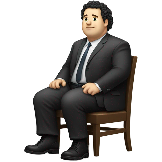 Make a white very fat guy sitting down wearing a suit and boots and he has curly black hair  emoji