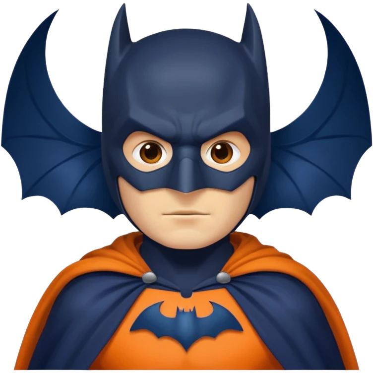 generate a batman emoji with just the face and neck showing and part of the cloak and and wings. Shade the mask in dark navy blue.  Shade the cloak in a solid vibrant orange. Shade the bat logo in a bright medium olive green. emoji