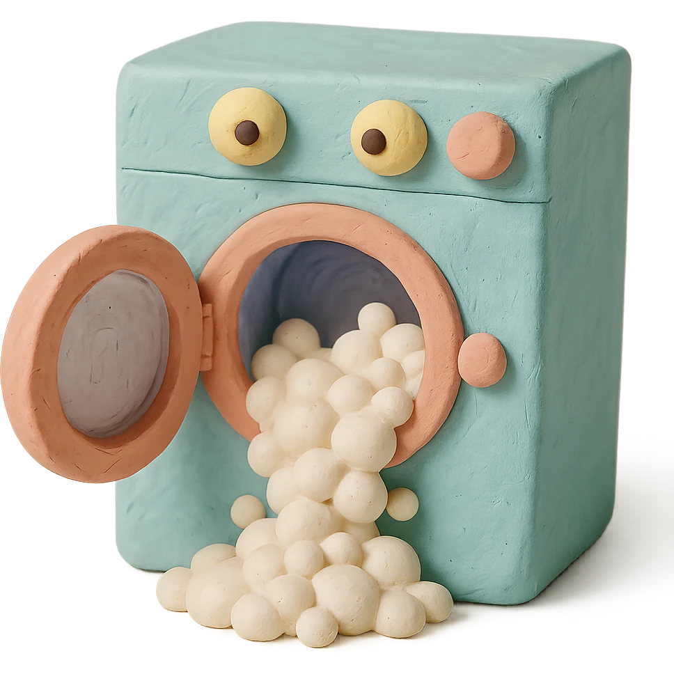 playful washing machine in claymation style with bubbly soap and open door, pastel colors emoji