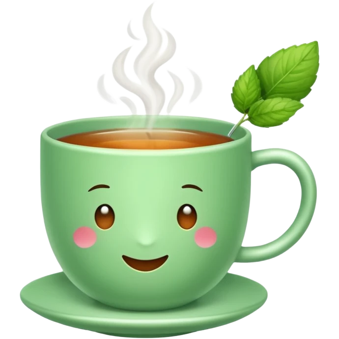 steaming cup of herbal tea with a mint leaf cozy emoji style emoji