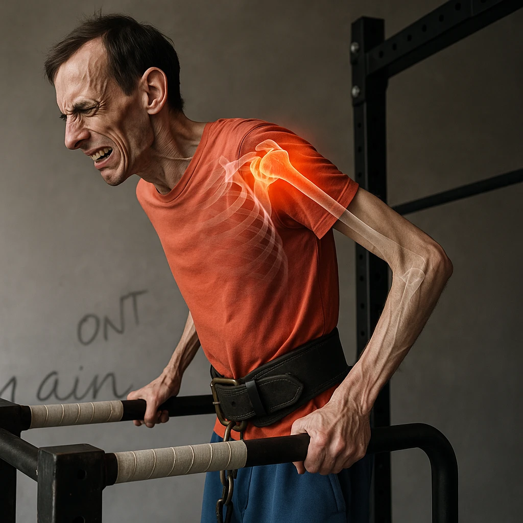 Hyperrealistic 4K image of a very thin man performing a dip on parallel bars, side position as in the reference, showing an expression of pain. Shoulder highlighted with an X-ray effect showing joint and inflammation. Realistic details, gym atmosphere. Variant 7. emoji